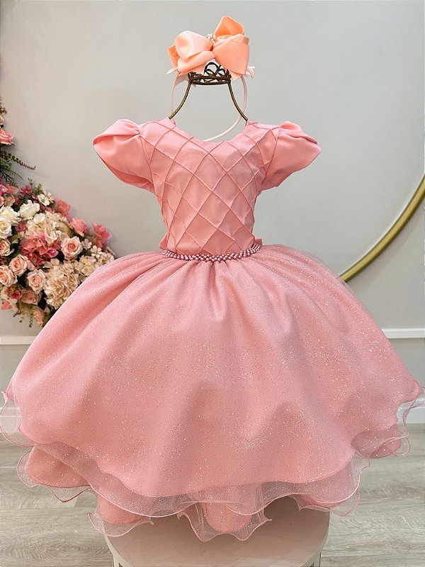Vestido Infantil Salmão Busto Nervura Festas Daminhas