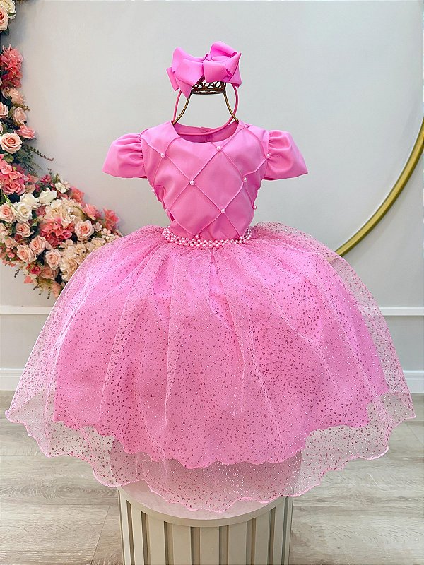Vestido Infantil Rosa Chiclete Busto Nervura Saia Glitter