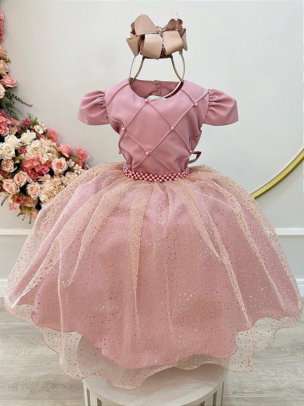 Vestido Infantil Rose Busto Nervura Saia Glitter Festas