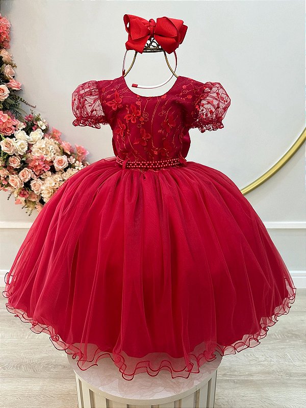 Vestido Infantil Vermelho Escuro Com Renda Daminhas Festas
