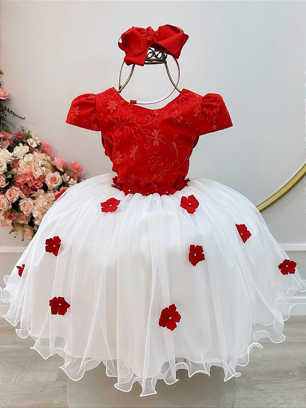 Vestido Infantil Vermelho e Off Apliques Daminhas Festas