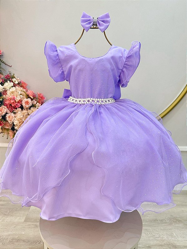 Vestido Infantil Lilás Saia Tule e Glitter Festa Daminhas