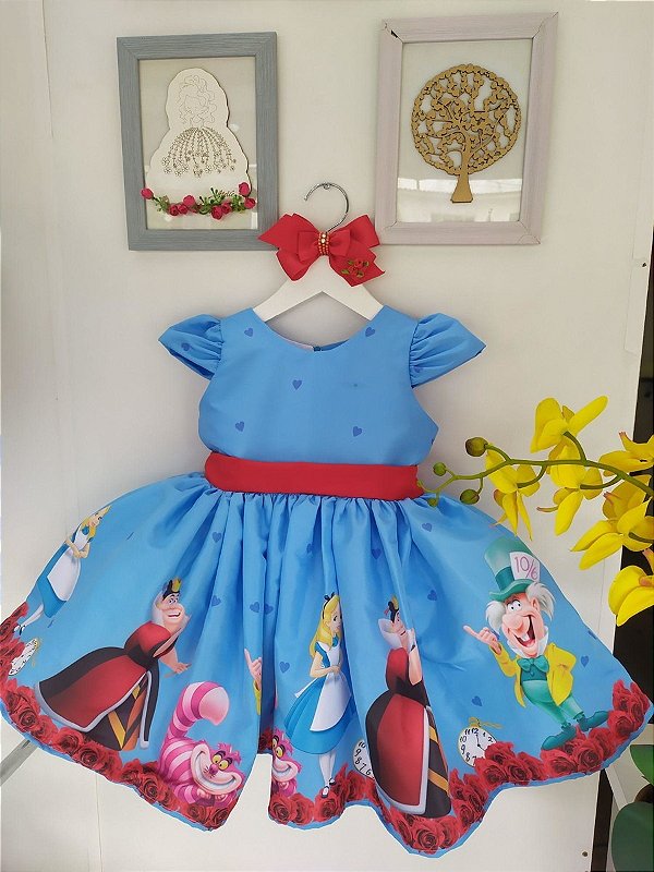 Vestido Infantil Alice no Pais das Maravilhas Luxo Azul Vermelho
