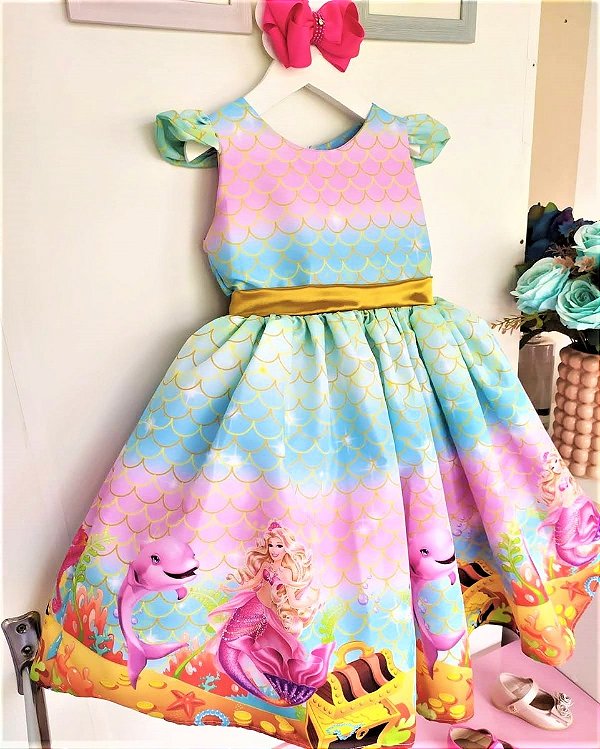 Vestido Infantil Barbie Sereia Colorido Luxo