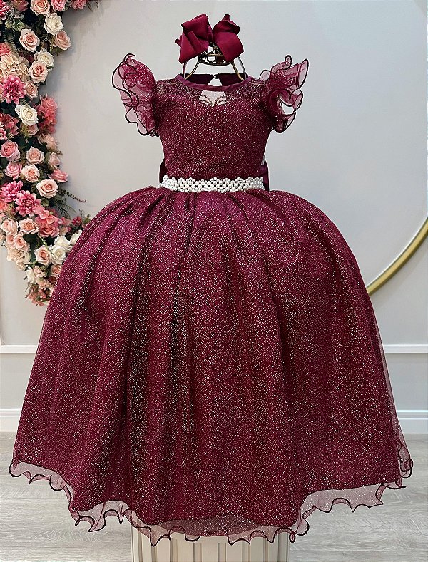 Vestido Infantil Juvenil Marsala Formatura Tule Glitter