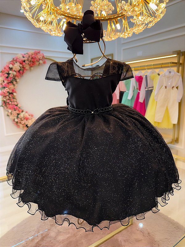 Vestido Infantil Preto Wandinha Saia Glitter Festas