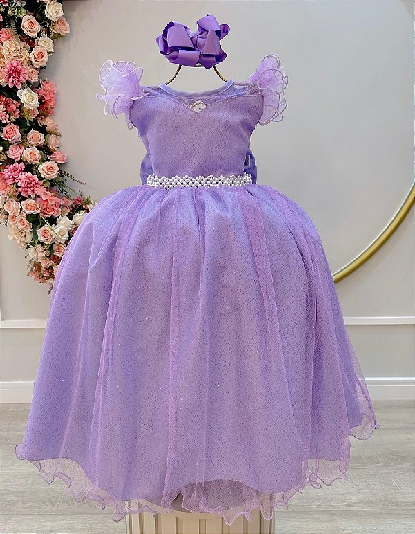 Vestido Infantil Longo Lilás Daminhas de Honra Glitter