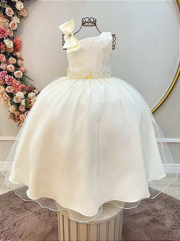 Vestido Infantil Longo Marfim Off Busto Renda Festas Daminhas