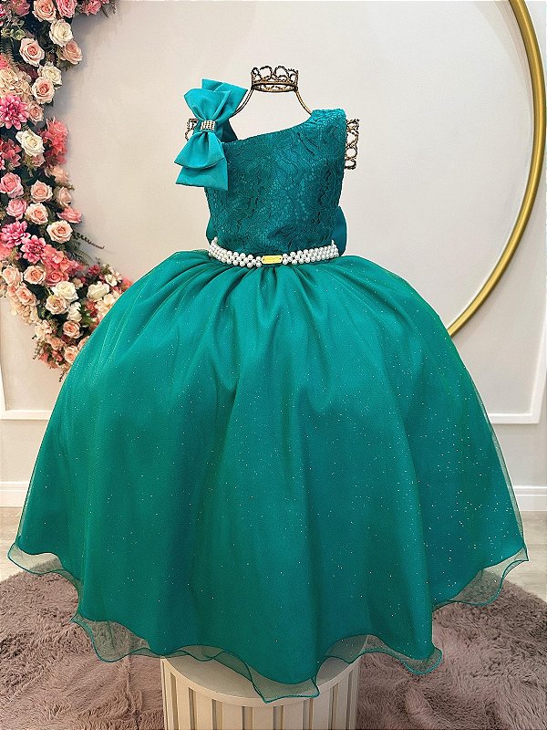 Vestido Infantil Longo Verde Busto Renda Festas Daminhas