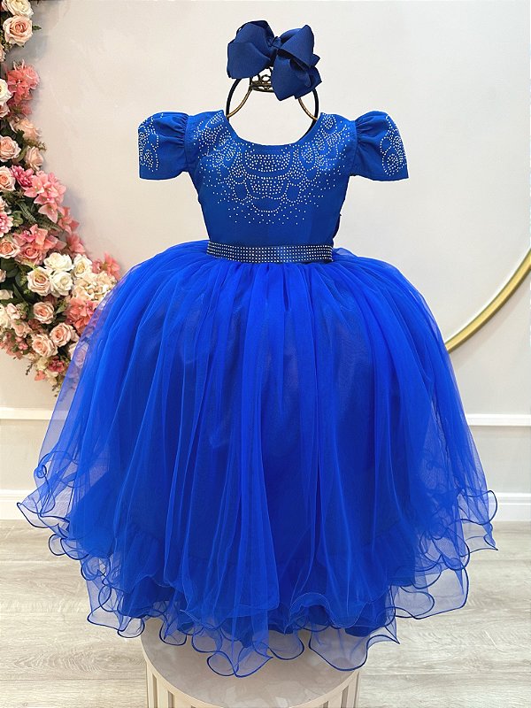 Vestido Infantil Azul Royal Damas Strass Luxo