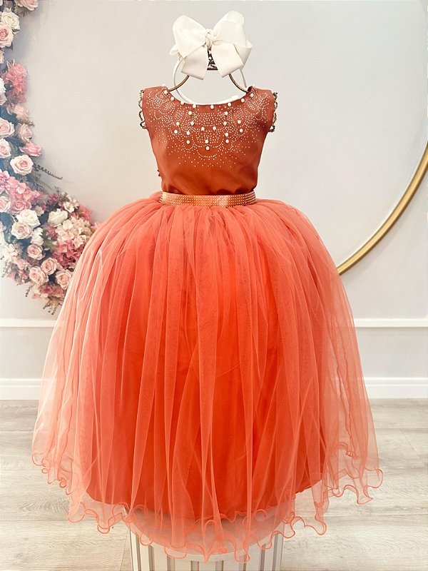 Vestido Infantil Damas de Honra Longo Terracota Strass Pérolas