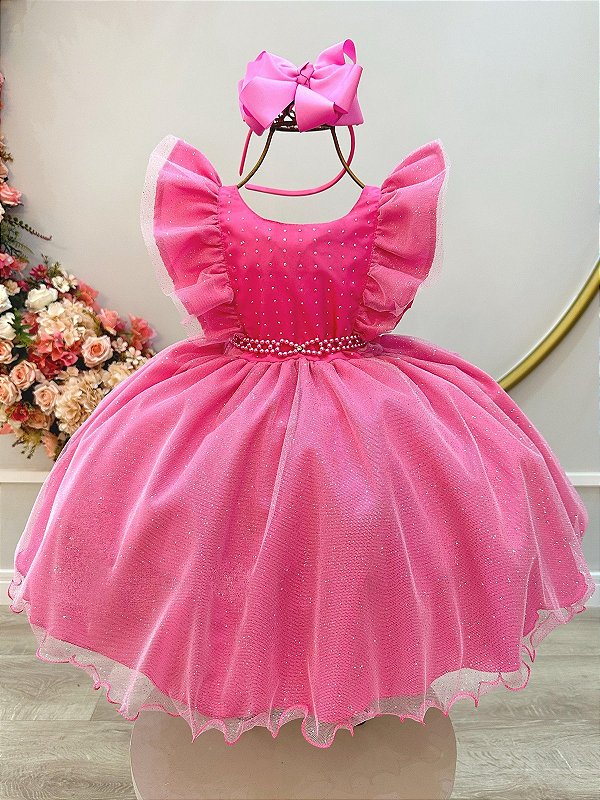 Vestido Infantil Rosa Chiclete Princesa Aurora Bela Adormecida