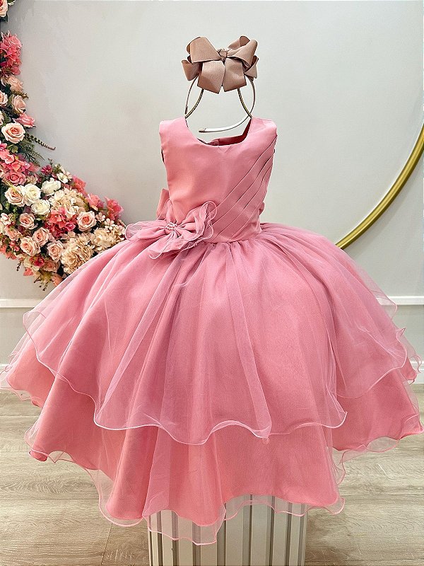 Vestido Infantil Rose Busto Drapeado Aplique Laço Damas