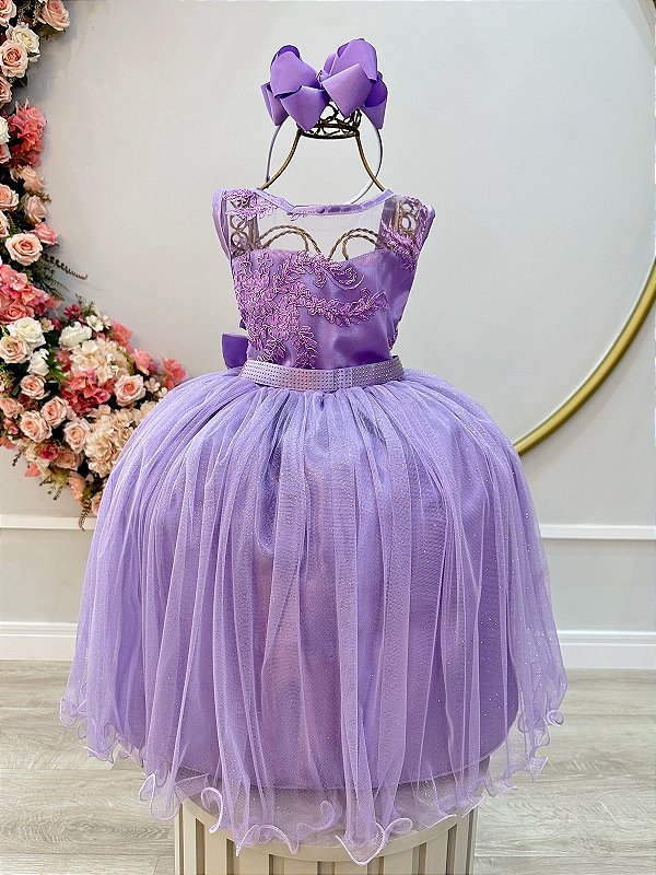 Vestido Infantil Lilás Renda Metalizada Tule Brilho Damas