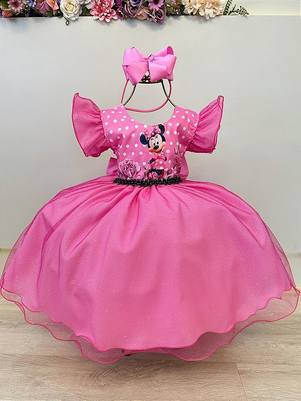 Vestido Infantil Rosa Minnie Saia Glitter Festas