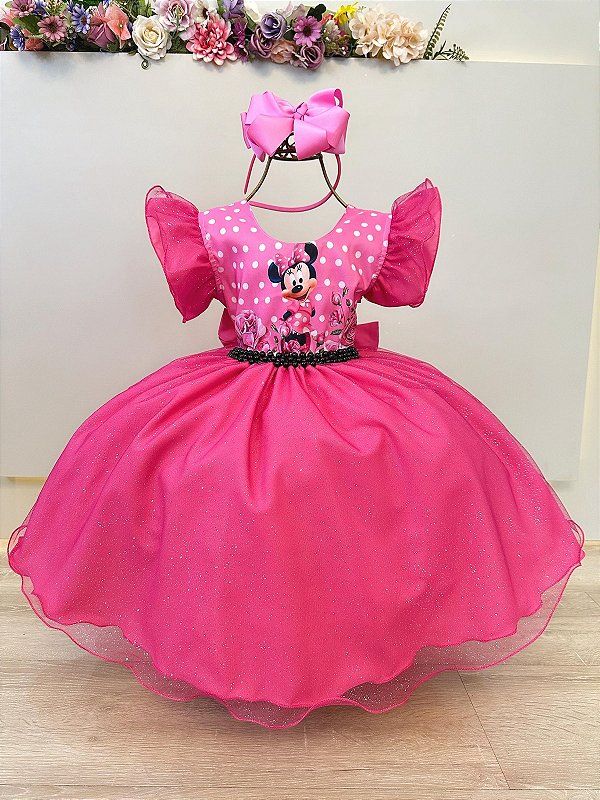 Vestido Infantil Rosa Chiclete Minnie Saia Glitter Festas