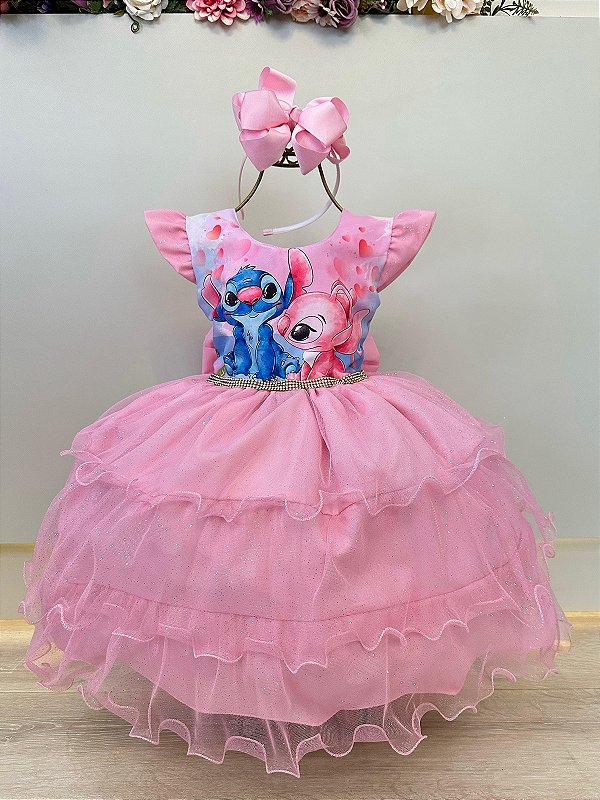 Vestido Infantil Rosa Claro Lilo Stitch e Angel Festas