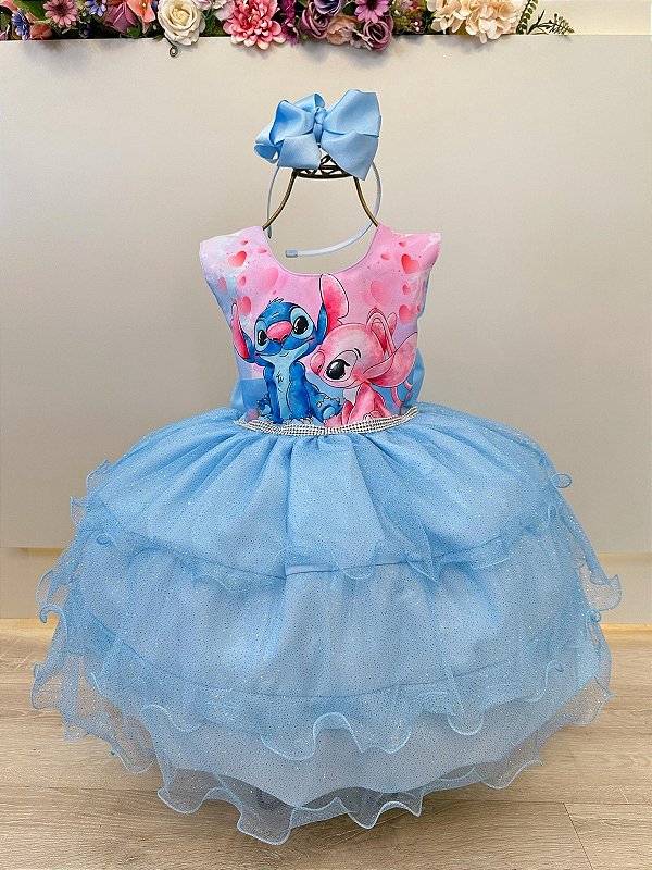 Vestido Infantil Azul Claro Lilo Stitch e Angel Festas