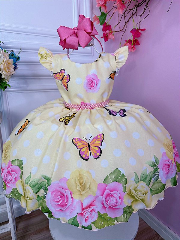 Vestido Infantil Amarelo Jardim das Borboletas Cinto Pérolas