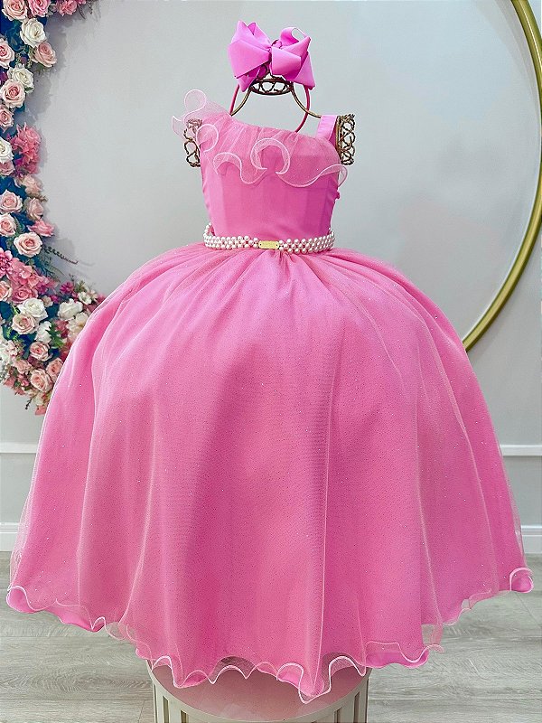 Vestido Infantil Longo Rosa Chiclete Luxo Formaturas Daminhas