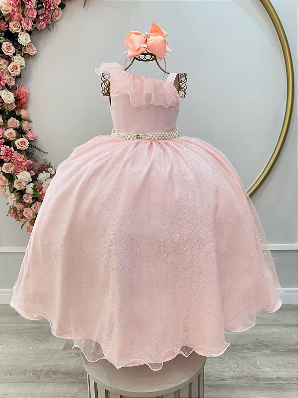 Vestido Infantil Longo Pêssego Luxo Formaturas Daminhas
