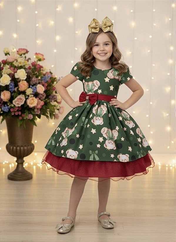 Vestido Infantil Verde e Marsala Ursinhos Natal Festas