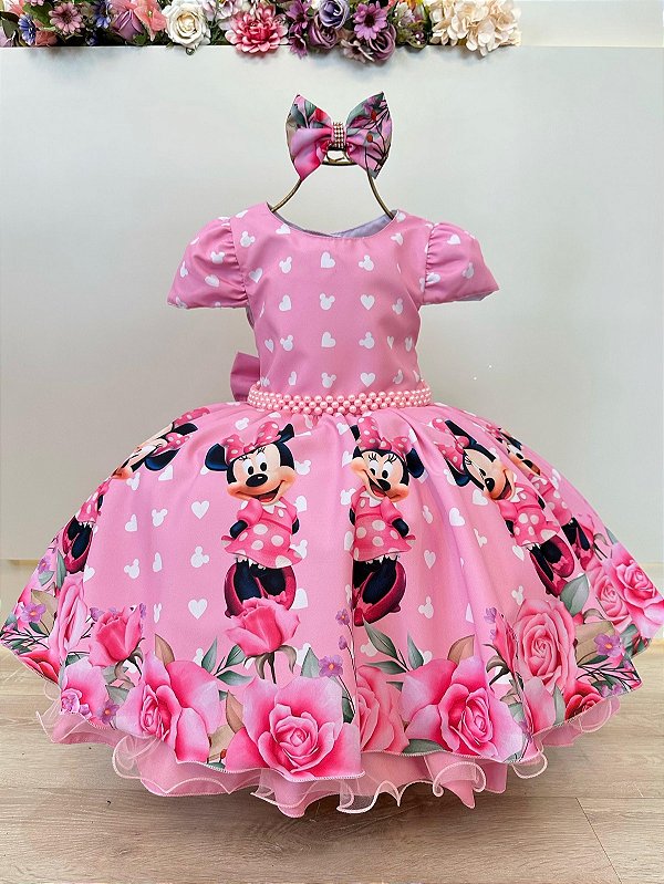 Vestido Infantil Rosa Minnie Florido Com Laço Festas