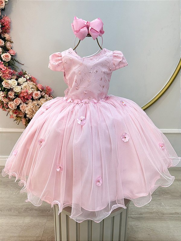 Vestido Infantil Rosa Claro Jardim Encantado Renda Festas