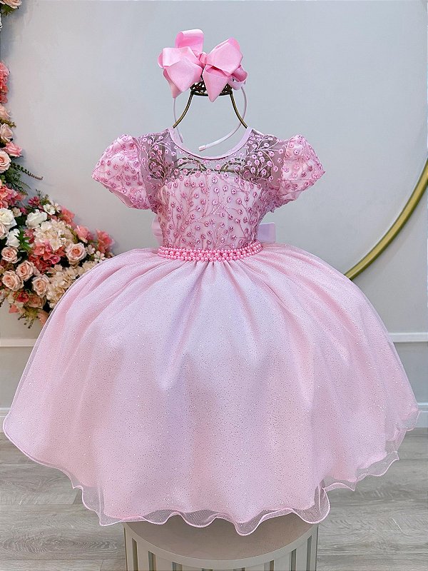 Vestido Infantil Rosa Claro Tule Bordado com Glitter Daminhas
