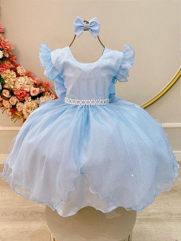 Vestido Infantil Azul Claro Saia Tule e Glitter
