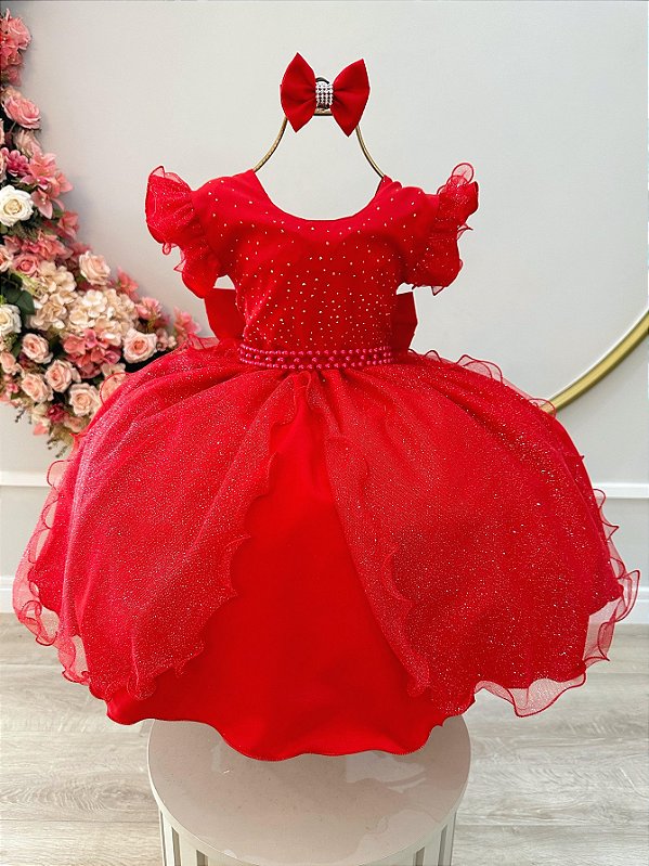 Vestido Infantil Vermelho Saia Tule e Glitter Daminha
