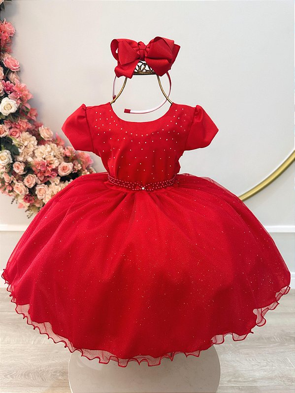 Vestido Infantil Vermelho Busto Strass Festas