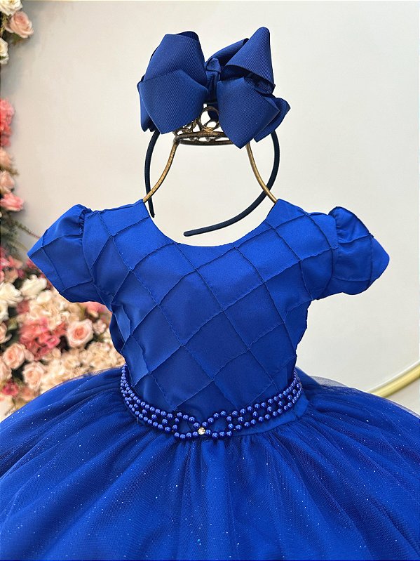 Vestido Infantil Azul Royal Busto Nervura Festas Daminhas