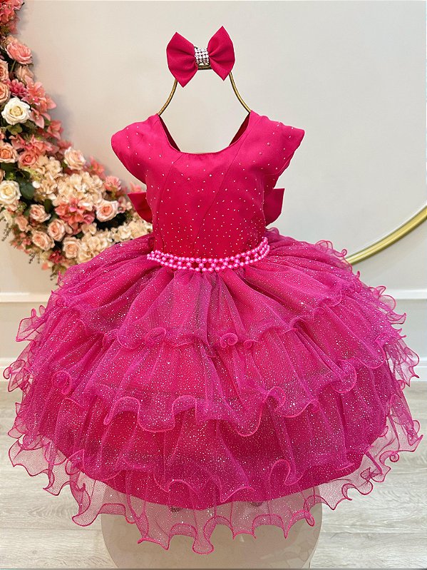 Vestido Infantil Saia Rosa Babados e Glitter