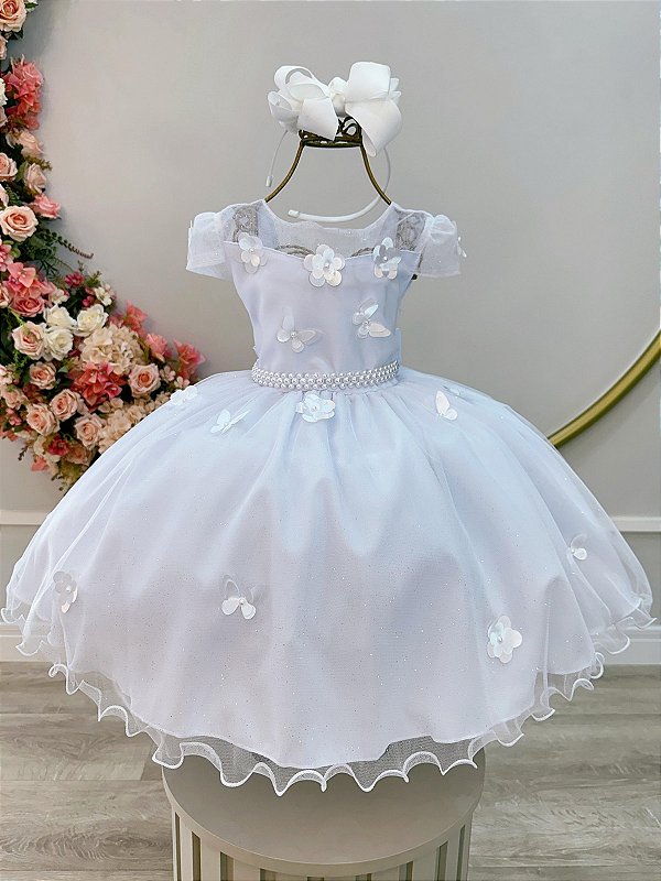 Vestido Infantil Branco Aplique Borboletas Flores Pérolas