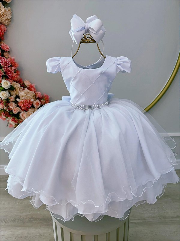 Vestido Infantil Branco Peito Nervura Pérolas Strass Luxo