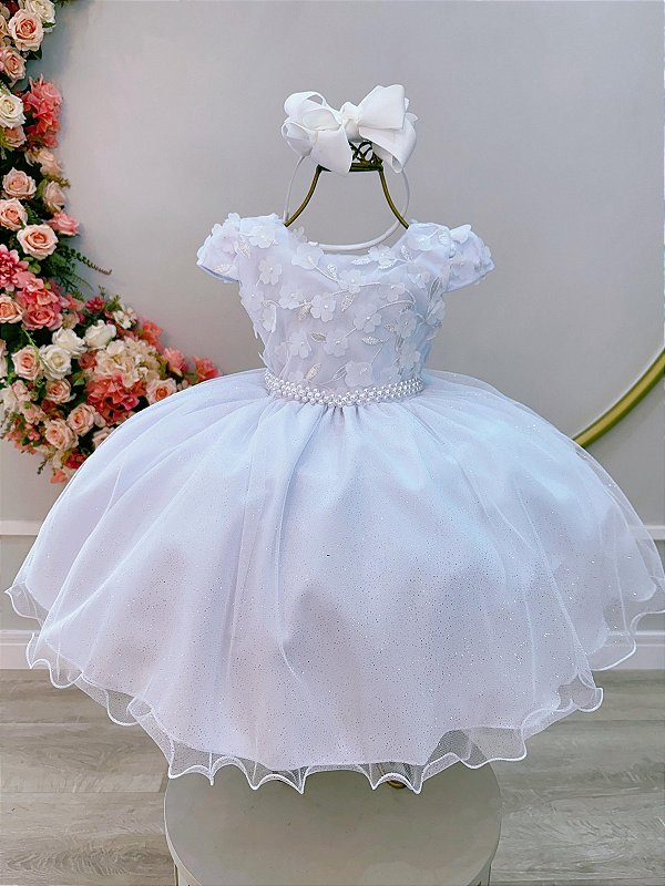 Vestido Infantil Branco Renda Apliques Daminha Festas