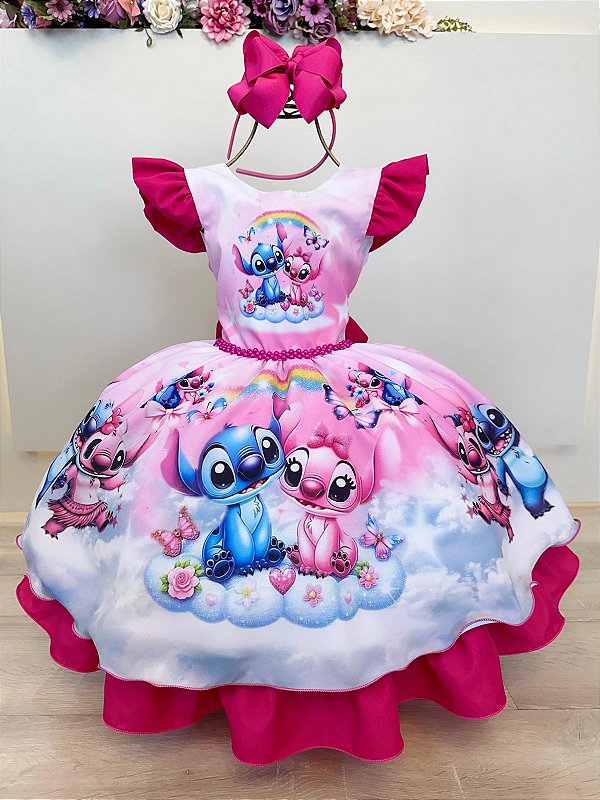 Vestido Infantil Pink Lilo Stitch e Angel Apaixonados Festas