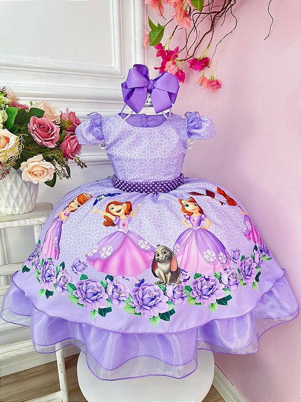 Vestido Infantil Princesa Sofia Lilás Festas Pérolas
