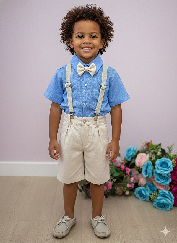 Conjunto Menino Social Azul Suspensorio Bege