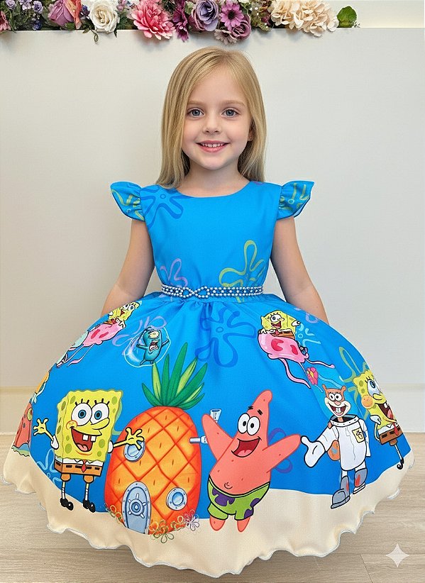 Vestido Infantil Azul Turma do Bob Esponja Festas