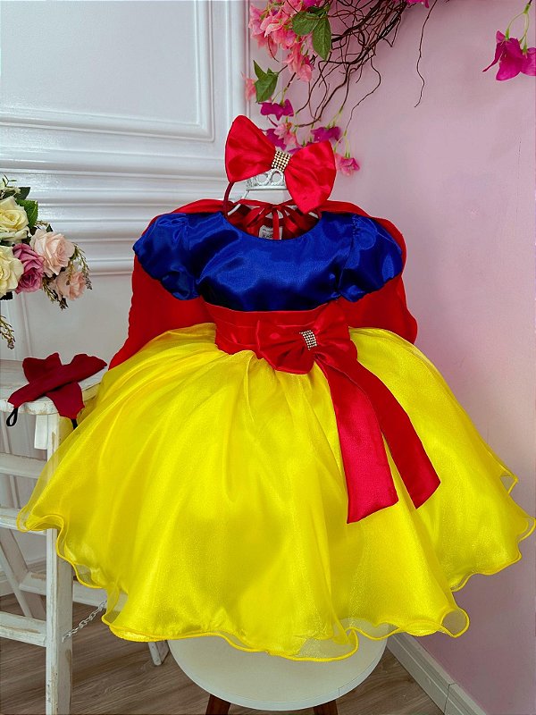Vestido Fantasia Infantil Branca de Neve Capa Tiara e Luva