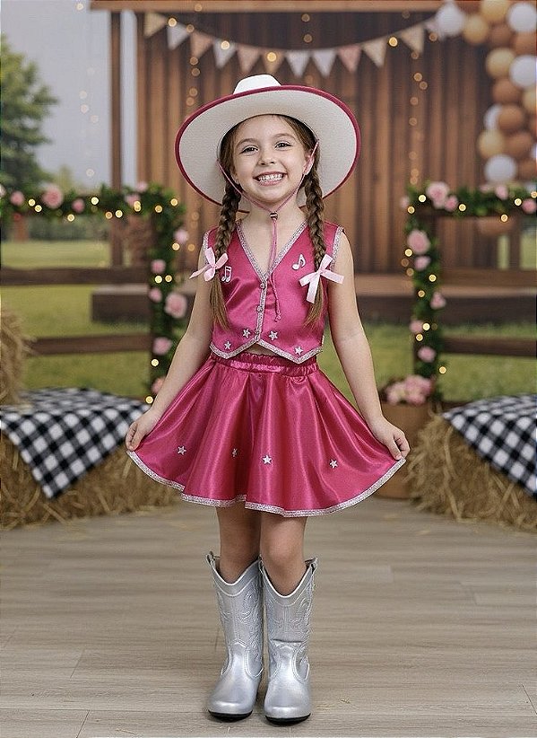 Conjunto Country Rosa Fantasia Infantil da Boiadeira Pink Festas
