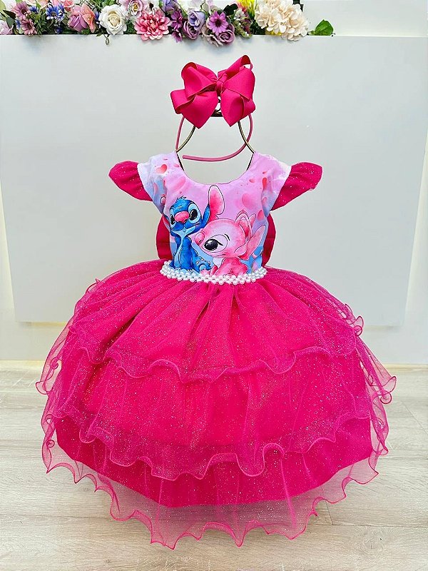 Vestido Infantil Pink Lilo Stitch e Angel Saia Babado Festas