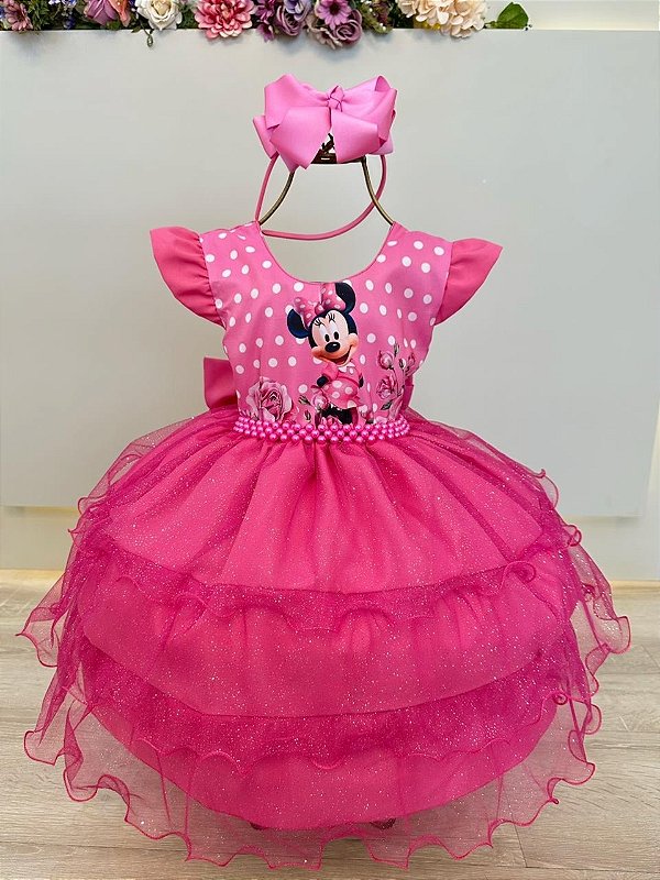 Vestido Infantil Rosa Chiclete Minnie Saia Glitter Festas