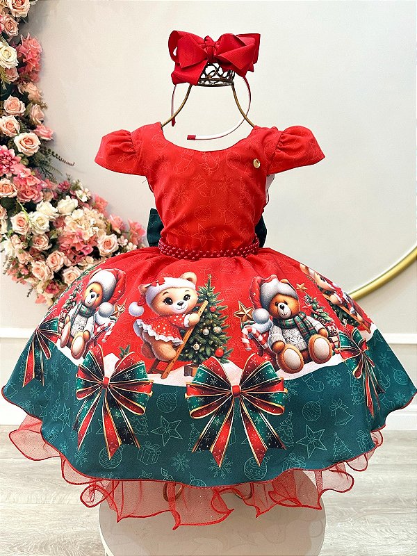 Vestido Infantil Vermelho Ursinhos Neve Festas Natal