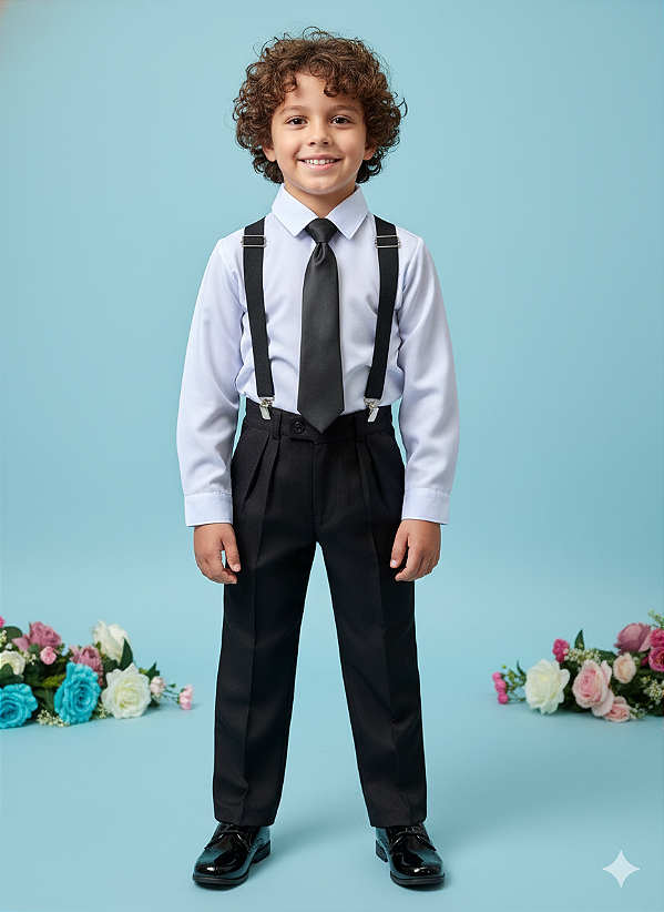 Conjunto Social Terno Preto para Meninos Preto Suspensorio Cetim