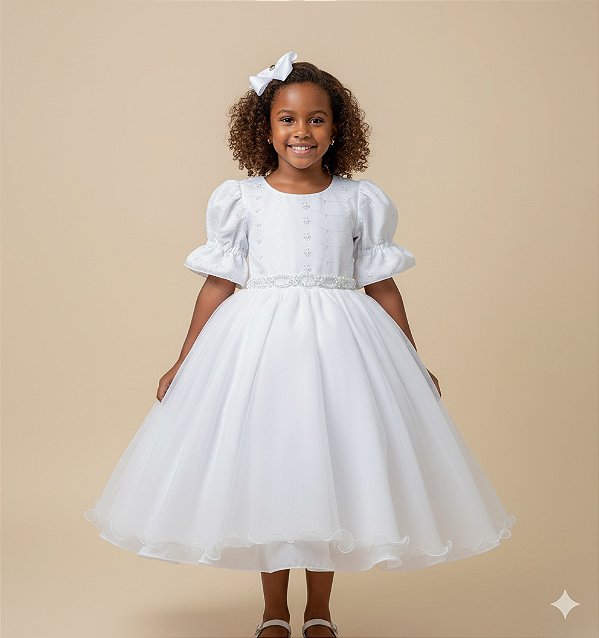 Vestido Infantil Branco Lese Midi Festa Luxo Casamento