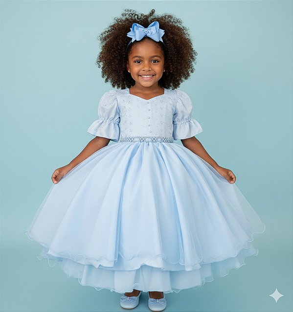 Vestido Infantil Azul Bebe Lese Midi Festa Luxo Casamento