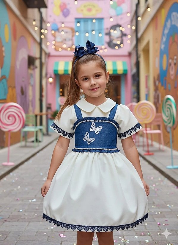 Vestido Infantil Off com Colete Jeans Blogueirinha